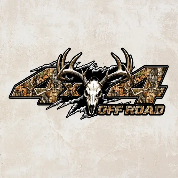 4x4 Off Road Deer Skull Sticker, Whitetail Hunting Camo Vinyl Decal, Waterproof Resistant Truck Window Sticker