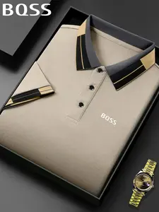 Men's Classic Bqss Print Polo Shirt, Elastic Casual Breathable All-Season Wear, Comfortable Durable High-End Fitted Style