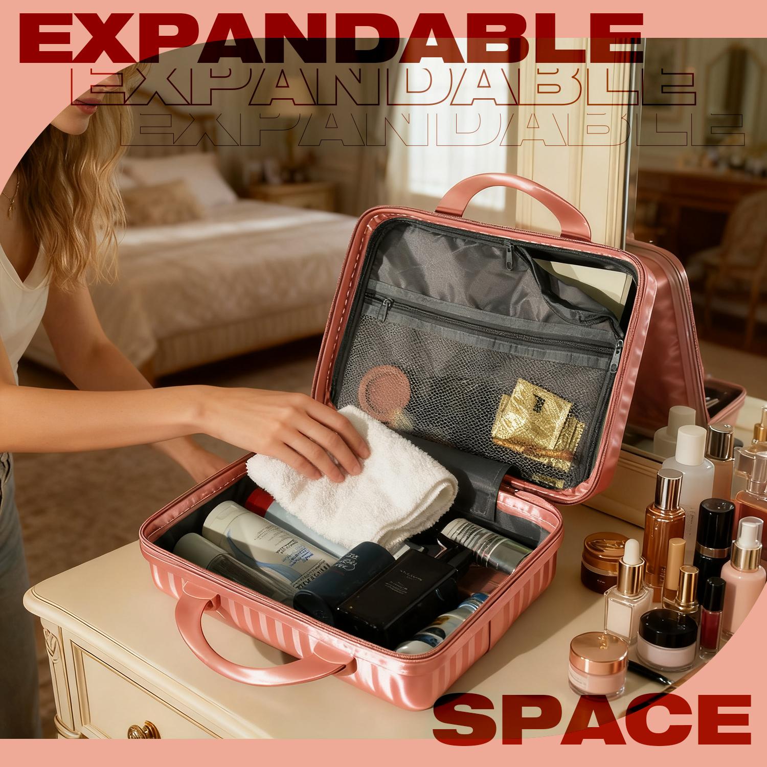 Pink Vertical Stripe Hard Shell Makeup Case | Portable Mini Travel Cosmetic Organizer with Elastic Straps | Durable ABS Vanity Bag Pink Vertical Stripe Hard Shell Makeup Case | Portable Mini Travel Cosmetic Organizer with Elastic Straps | Durable ABS Vanity Bag