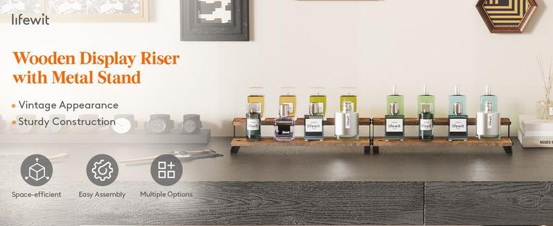 Lifewit Large Vintage Rustic Wooden Display Riser with Metal Holder, Organizer for Perfume, Cologne, Cosmetics, and Collectibles Shelf Rack Storage Unit Set Installation