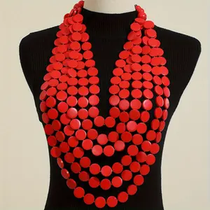 Bohemian Exaggerated Style Multi Layer Necklace Set, Vacation Manual Wooden Round Piece Long Necklace Set For Women
