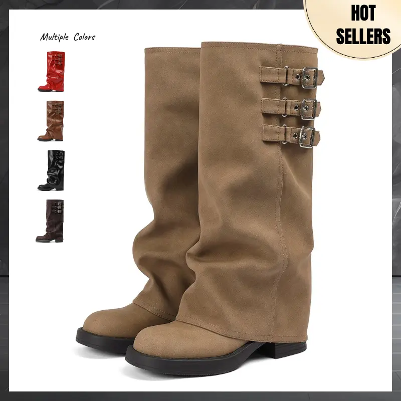 Women's Knee High Boots Pull On Buckle Boots Fall Slouchy Fold Over Tall Knee High Boots  Slouchy Fold Over Motorcycle Riding Boots With Buckle Women's Wide Mid Calf Casual Comfortable Moto Biker Winter Boots AOSPHIRAYLIAN summerwins