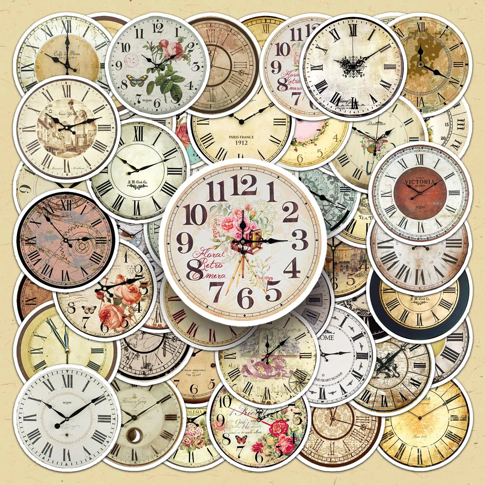Vintage Clock Design Sticker, 50pcs/set Retro Clock Sticker, DIY Decorative Sticker, DIY Scrapbooking Stickers for Scrapbooking, Journaling, Gift Wrapping