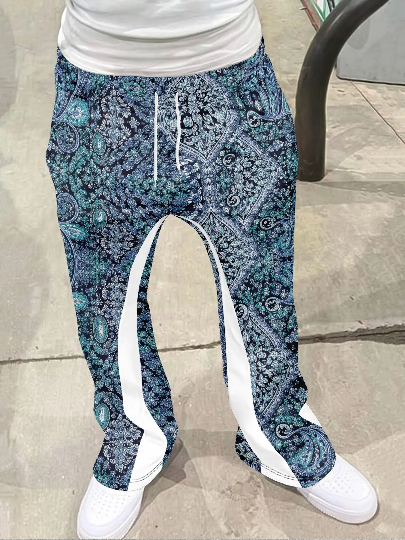 Boho Vintage Bell Bottoms with Paisley Print, Fitted Casual Pants for All Seasons, Geometric Pattern Fashion, Boho Casual Trousers
