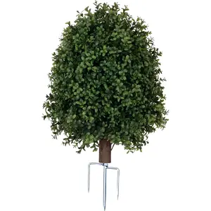 1-Pack Artificial Boxwood Topiary Ball Tree Realistic Touch Dual-Tone UV-Resistant Outdoor Fake Plant with Triangular Stake & Natural Trunk Texture, Faux Topiary Bush for Garden Porch Decor
