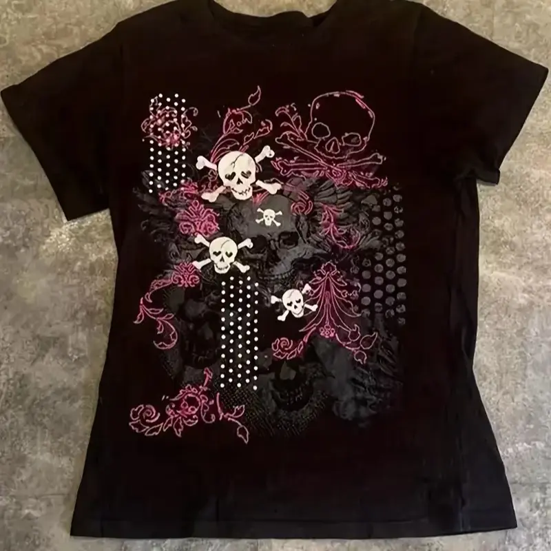 Women'S Y2K Graphic Tee - Black Casual Short Sleeve T-Shirt with Skull & Floral Print, Loose Fit, Round Neck, Lightweight Polyester Blend for Summer Streetwear, Streetwear Tee | Y2K Fashion | Glossy Texture