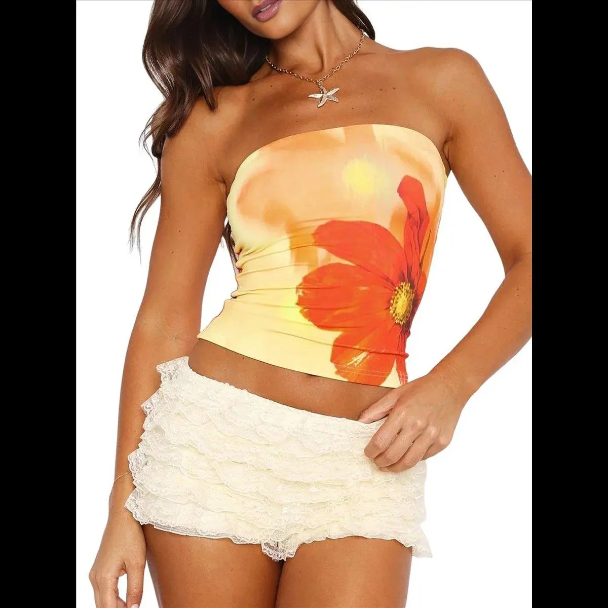 Cute Strapless Tube Tops for Women Y2K Floral Bandeau Crop Top Teen Girls 2025 Summer Trendy Going Out Tops Yellow S