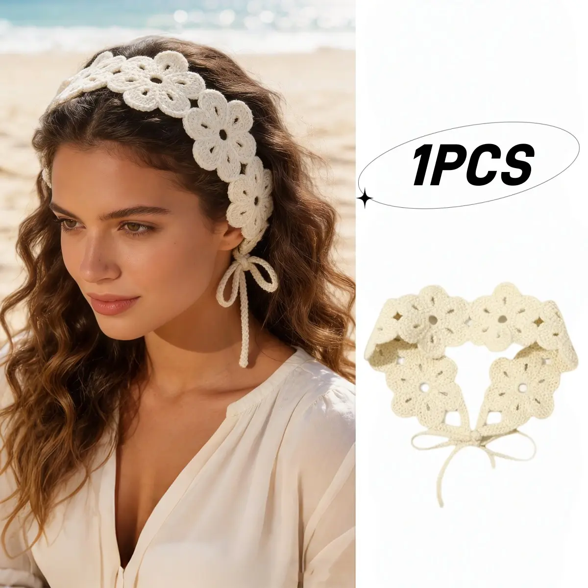 1PCS Boho Crochet Flower Hairband, Cotton Knit Hollow Headband, Bohemian Floral Tie Headwrap, Retro Woven Hair Accessory for Women