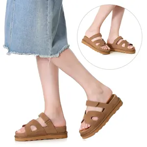 Women's Thick Platform Slide Sandals anti-slip Sole Open Toe Strap Summer Flats Shoes Brown Girl Black