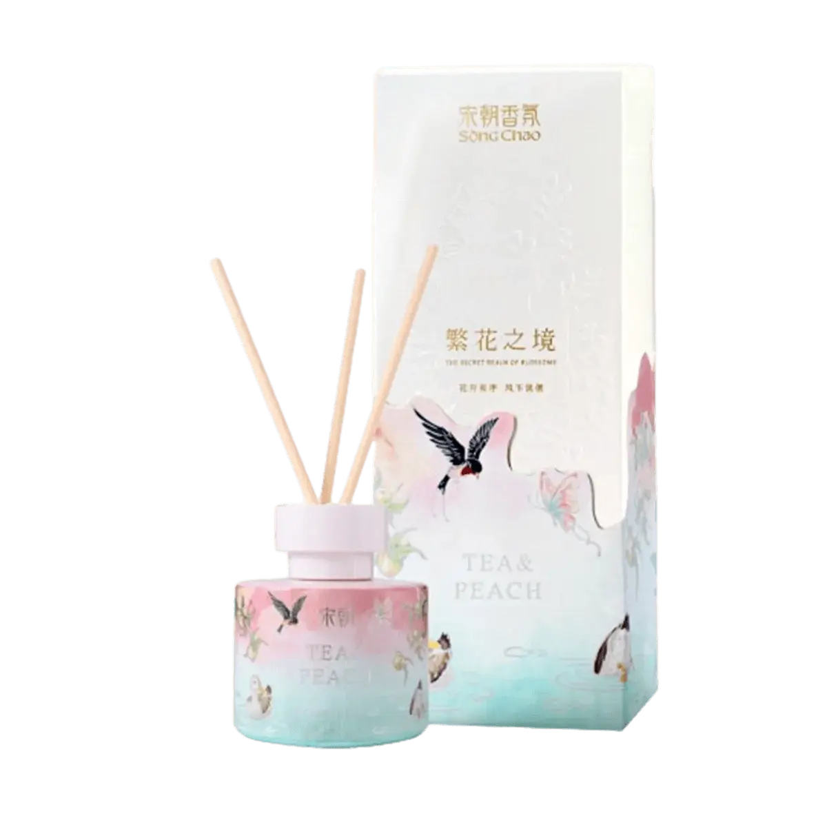 SONG CHAO Blossoming Realm 120ml Alcohol-Free Natural Home Fragrance Reed Diffuser Bottle - Sweet Peach & Green Tea Scented, Botanical Essences, Clean & Safe Formula, Premium Fiber Reeds, Stress Relief Decor Gift (Birthday Ready)
