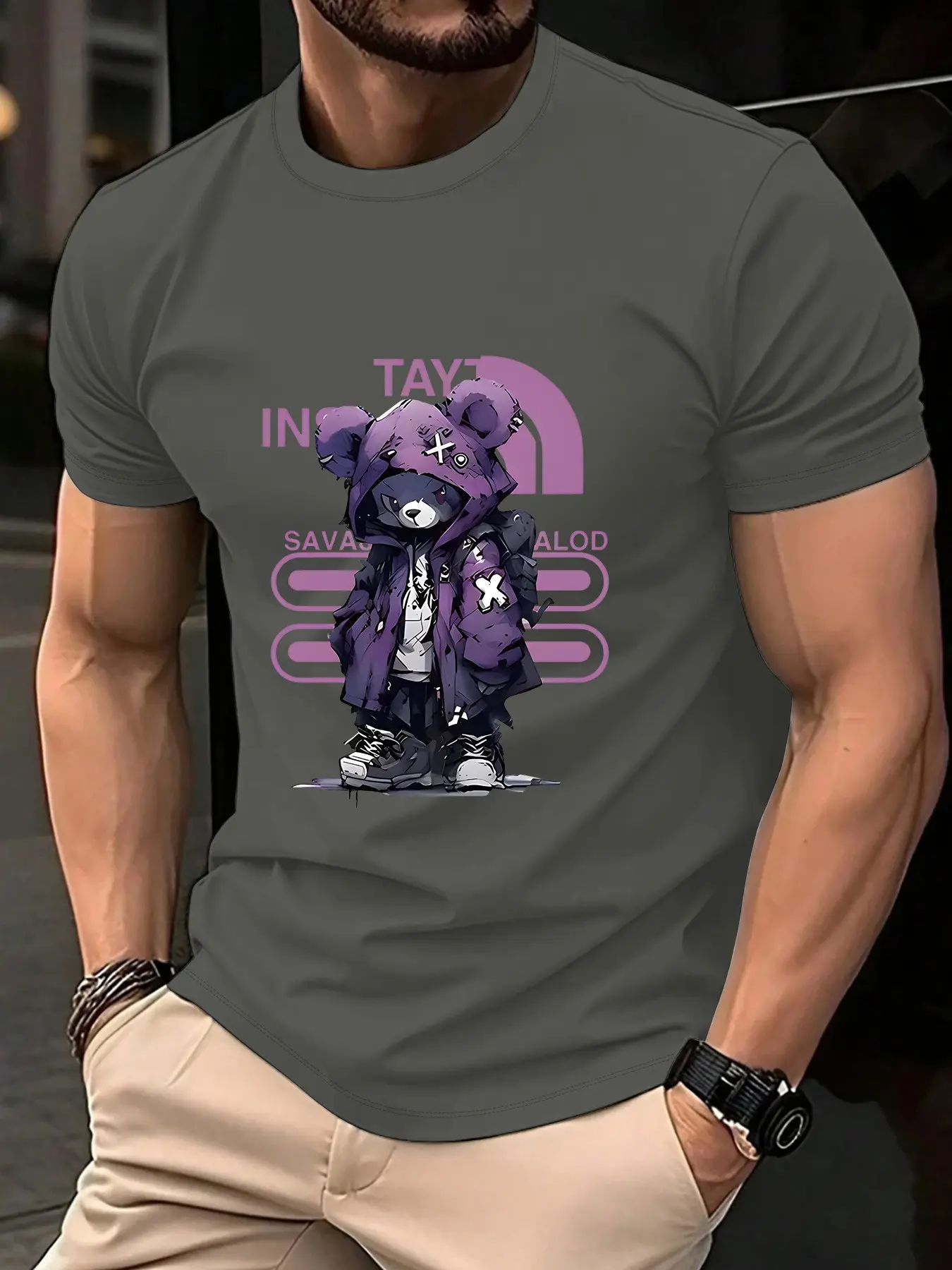 Men's Savage Bear Graphic T-Shirt, Y2K Streetwear Style, Fitted Short Sleeve Design, Casual Wear for Everyday Comfort