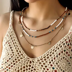Bohemian Style 3-Layer Beaded Necklace - Elegant Layered Collarbone Chain with Golden-Tone Pendants, White & Blue Beads, Perfect Gift for Women, Daily Wear Jewelry|Bohemian Style Necklace|Golden Plated