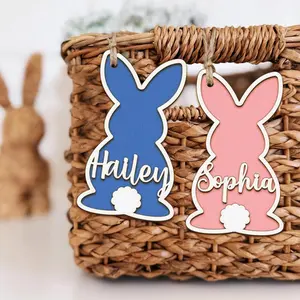 Personalized Easter Hanging Wooden Ornaments, Bunny & Carrot Easter Basket Tag for Kids, Ornaments Colorful for Easter Tree Basket, Kid Easter Basket Name, Easter Decoration