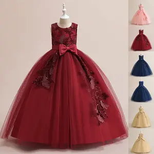 7-12Y 350 Maroon Kids Clothes Sequins Embroidered Flower Girls Princess Long Ball Gown Frock Children Formal Evening Party Banquet Pageant Prom Host Cocktail Dress
