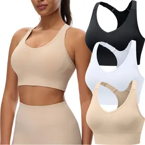 Women's Adjustable Racerback Sports Bra, 3 Pack Seamless High Support Wireless Workout Bra, Padded Push Up Gym Yoga Tops for Running Fitness, Comfortable Breathable