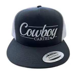 Cowboy Cartel Flat Bill Trucker Mesh Snapback Cap Hat - Black & White Embroidered