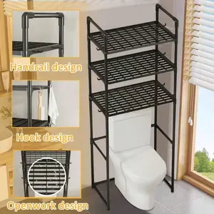1pc Upgraded Grid Design Over Toilet Storage Shelves, Floor Standing Bathroom Toilet Shelf, Bathroom Organizers And Storage,Edge Strap Hook, Bathroom Accessories, Washing Machine Rack, Balcony Organizer Storage Rack