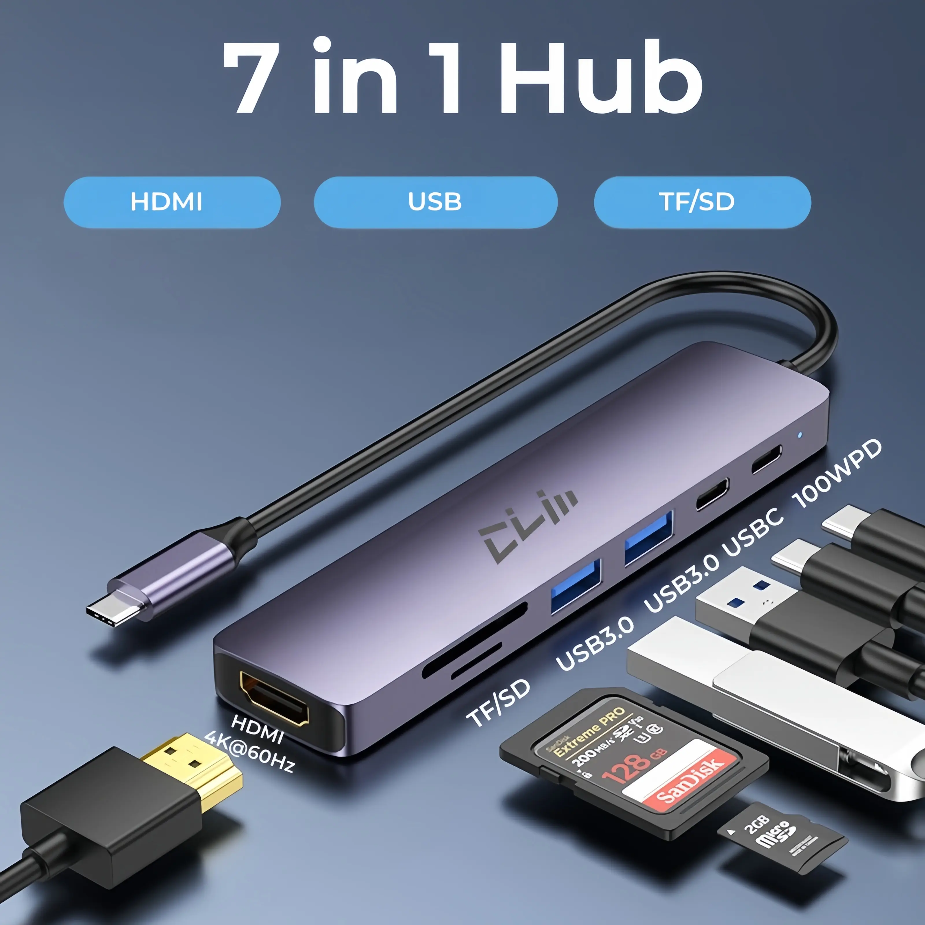 USB C Hub 7 in 1 Adapter, 4K@60Hz HDMI, 100W PD Charging, 2 USB 3.0 Ports, USB-C Data Port, SD/TF Card Reader for MacBook Laptop