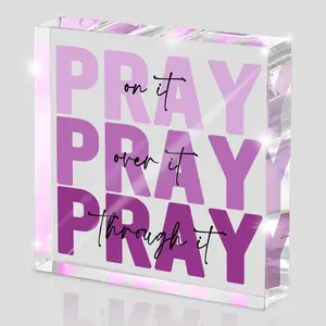 Purple Christian Gifts for Women -Religious Plaques Christian Woman Decor Gift, Modern Home Office Room Bathroom Bedroom Tabletop Shelf Desk Acrylic Desktop Decoration Valentines Day Decor, Pray on it Pray through it - Acrylic Plaque Sign