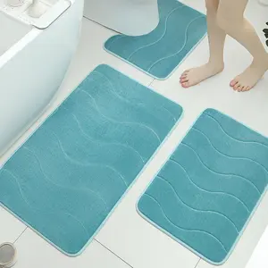 3-Piece Soft Flannel Bathroom Mat Set, Plush U-Shaped Toilet Foot Pad, Wave Sponge Embroidered Bath Mat, Absorbent Shower Rug, Bathroom Floor Mat