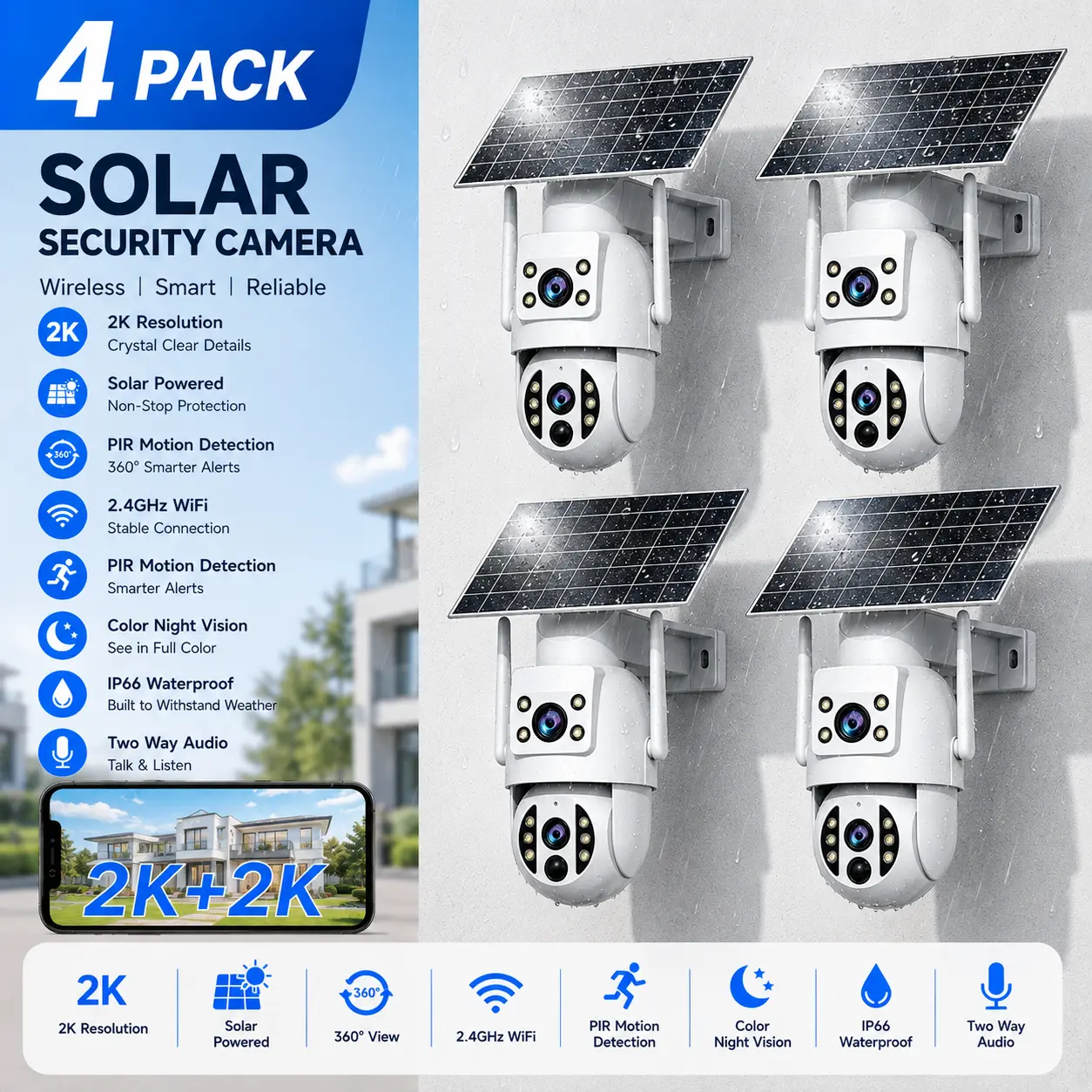 【Breaking The Price-100PCS】JOOAN 2K+2K Solar 360° Dual Lens Wireless Security Camera 360° PTZ Outdoor/Indoor IP66 Waterproof, Color Night Vision, PIR Human Detection, Two-Way Talk, Auto Tracking, Siren Alarm, No-Blind-Spot Coverage SD/Cloud Storage