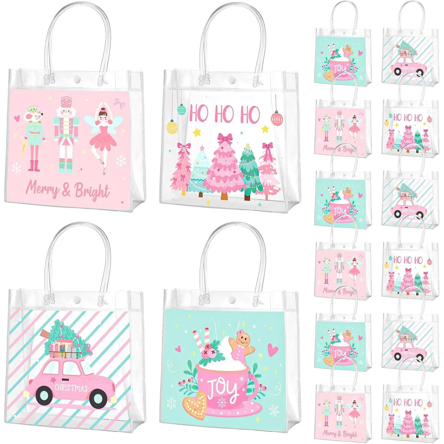 24 count  Christmas  Bags with Handles Clear Xmas Holiday Party Favor Bags Bulk 4 Styles Nutcracker Gingerbread for Holiday Presents Wrapping  Favors Supplies, 8 x 8 x 3.15 Inch