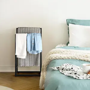 Bedroom Floor Towel Rack, 2 Tier Metal Structure, Freestanding Standing Design, Bath Towel Blanket Drying, Laundry Room Double Use, White/Black,Shipment within 1-2 days