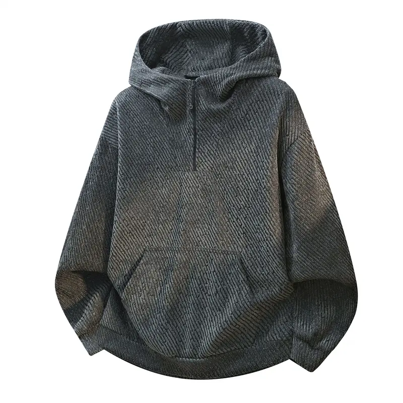 Menswear Casual Half-Zip Hooded Sweatshirt, Textured Fleece Pullover Tops with Kangaroo Pocket, Loose Fit Longsleeves for Street Style