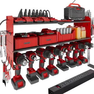 Suchtale Power Tool Organizer with Charging Station,33.2"Garage 8 Drill Holders Wall Mount,3 Layers Heavy Duty Metal Tool Shelf with 8 Outlets Power Strip,Utility Rack for Screwdriver Pegboard,Yellow