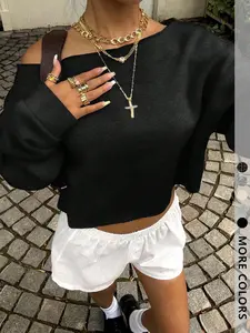 Women's Fashion Cropped Sweatshirt, Loose-Fit Crew Neck Long-Sleeve Sweatshirt, Womenswear. A casual cropped long-sleeve top ideal for spring and autumn, perfect for casual wear, night outings, dates, and street-style outfits.