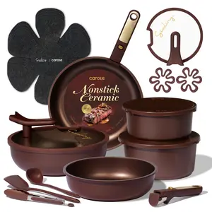 [Official] CAROTE 20Pcs Ceramic Cookware Set Stand-Up Lid with Detachable Handle Set, Non Stick Pots and Pans Set Non Toxic, PFAS Free