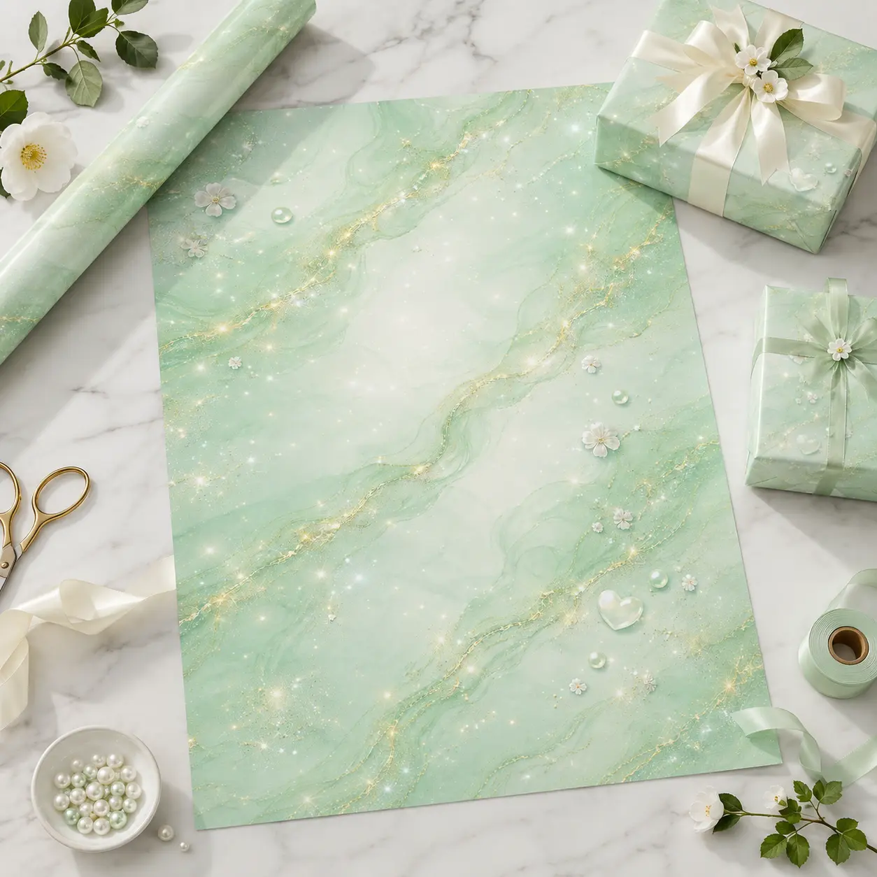 Sage Green Gold Glitter Marble Gift Wrapping Paper Sheet - Luxury Liquid Swirl Pearl Flower Wrap for Womens Day Anniversary Wedding
