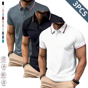 Men’s three-piece polo shirt set, solid color short sleeves, versatile casual wear suitable for work and sports; summer men’s short-sleeve apparel. Outdoor sports, leisure,summervibes