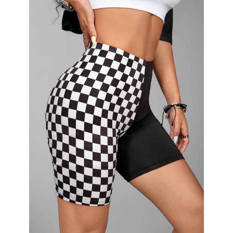 1pc Women'S High-Waisted Cycling Yoga Shorts, Modest Style, 95% Polyester 5% Spandex, Knit Fabric, All-Season, Black and White Gingham Pattern, Color Block Design