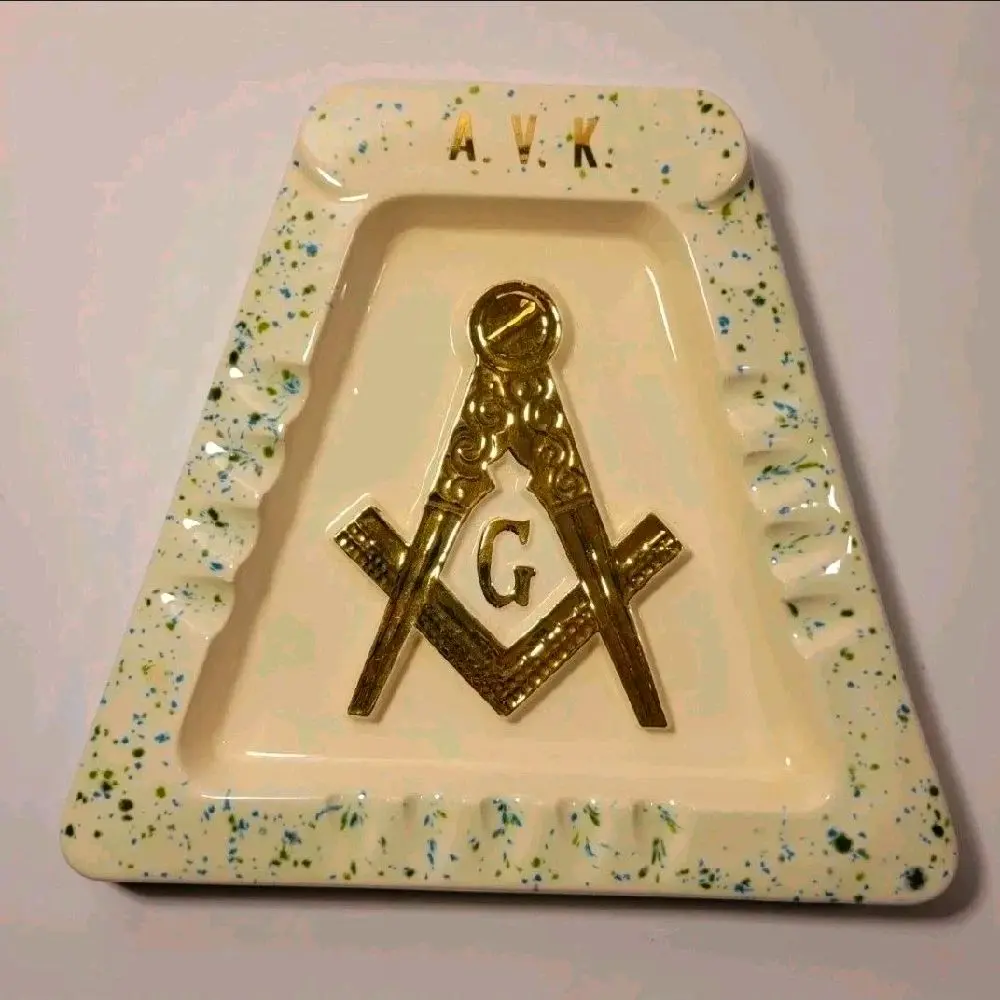 Ceramic Vintage 1970s Masonic Lodge Ashtray, Freemason Mason Cigar Cigarette Tray