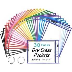30 Packs   Dry Erase Pocket Sleeves with 2 Rings, 10 Assorted Colors 10x14 Ticket Holders, Clear Plastic Sheet Protectors, Teacher School Classroom Supplies