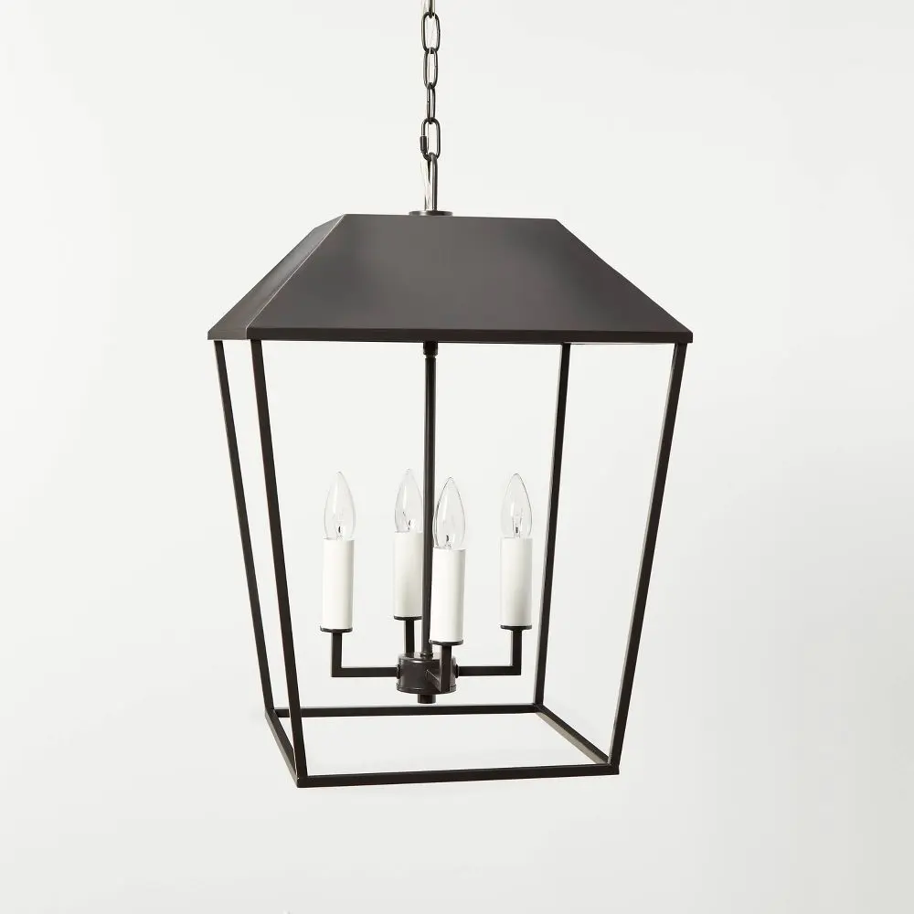 Black Lantern Pendant - Threshold Designed with Studio McGee, Adjustable Mount Office Ceiling Lights, 23.5 x 16.25 x 16.25 Inches, AC Power Supply, Customizable Height, ETL Listed