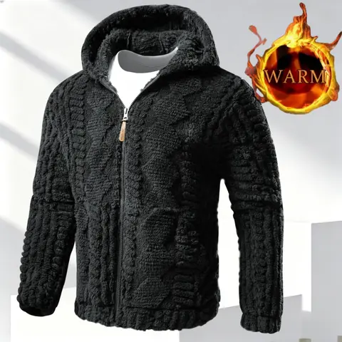 Men's Retro Soft Corduroy Hooded Coat - Fleece-Lined, Knit-Textured, Zipper-Closure, Fitted, Warm Fashion Casual Outerwear (Size M)