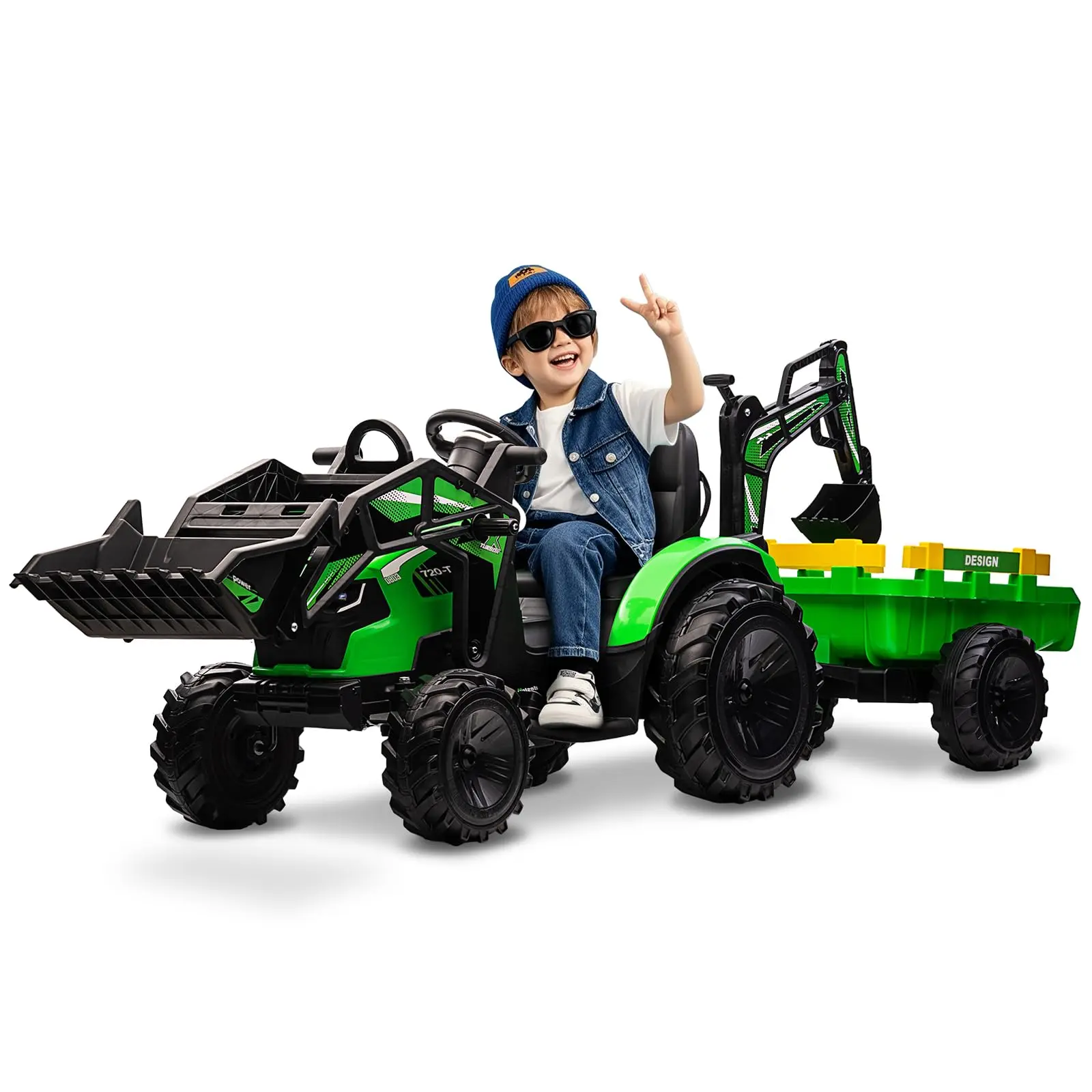 Garvee 3-in-1 24V Ride-On Tractor for Kids – Electric Excavator, Bulldozer & Trailer with Remote Control, LED Lights, Music, USB, Battery Powered, Large Toy Car for Ages 4-8