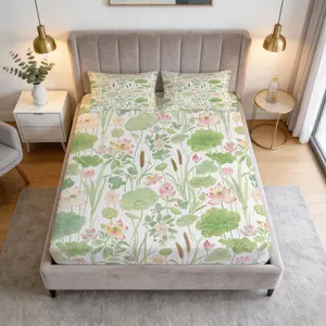 3 Piece Watercolor Lotus Pond Fitted Sheet Set, HD Digital Printed Deep Pocket Bed Sheet, Soft Breathable Bedding Set with Pillowcases (No Insert) for Bedroom Home Decor