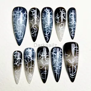 Ghost Signal Y2K Press-On Nails – Black Grey Cybersigilism Fake Nails - DarkNailz