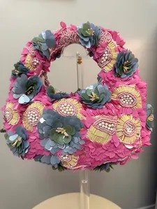 Trending Beaded Bags - Pink Multi Floral Small Top Handle