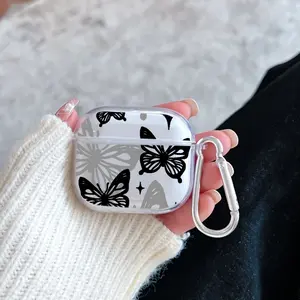 Fashion Black Butterfly Pattern TPU Soft Protective Case for Apple AirPods 4/3/2/1/Pro/Pro2 Transparent Earphone Cover with Keychain Attachment