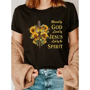 Womens Blessed & Loved Faith Graphic Tee - Features a Beautiful Sunflower Cross & Blessed by God Cherished by Him Lettering on a Soft Breathable Short Sleeve Top. Perfect for Summer & Spring Church Services Womens Gatherings and Casual Outfits wi