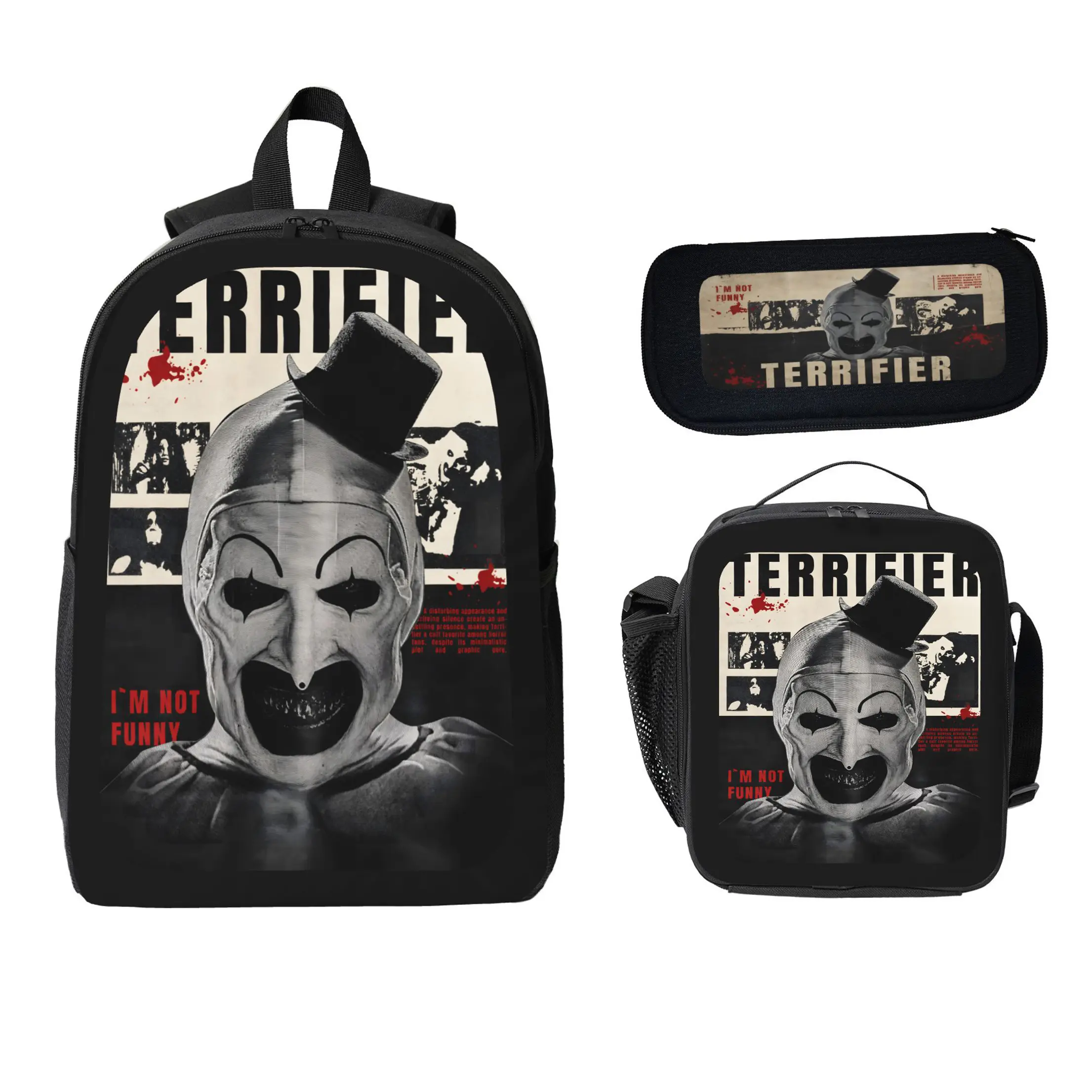 Terrifier Backpack Set 3Pcs Polyester School Bag Lunch Bag Pencil Case Horror Clown Print Large Capacity Back To School Travel For Boys Girls Teens