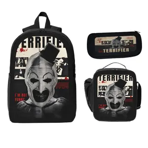 Terrifier Backpack Set 3Pcs Polyester School Bag Lunch Bag Pencil Case Horror Clown Print Large Capacity Back To School Travel For Boys Girls Teens