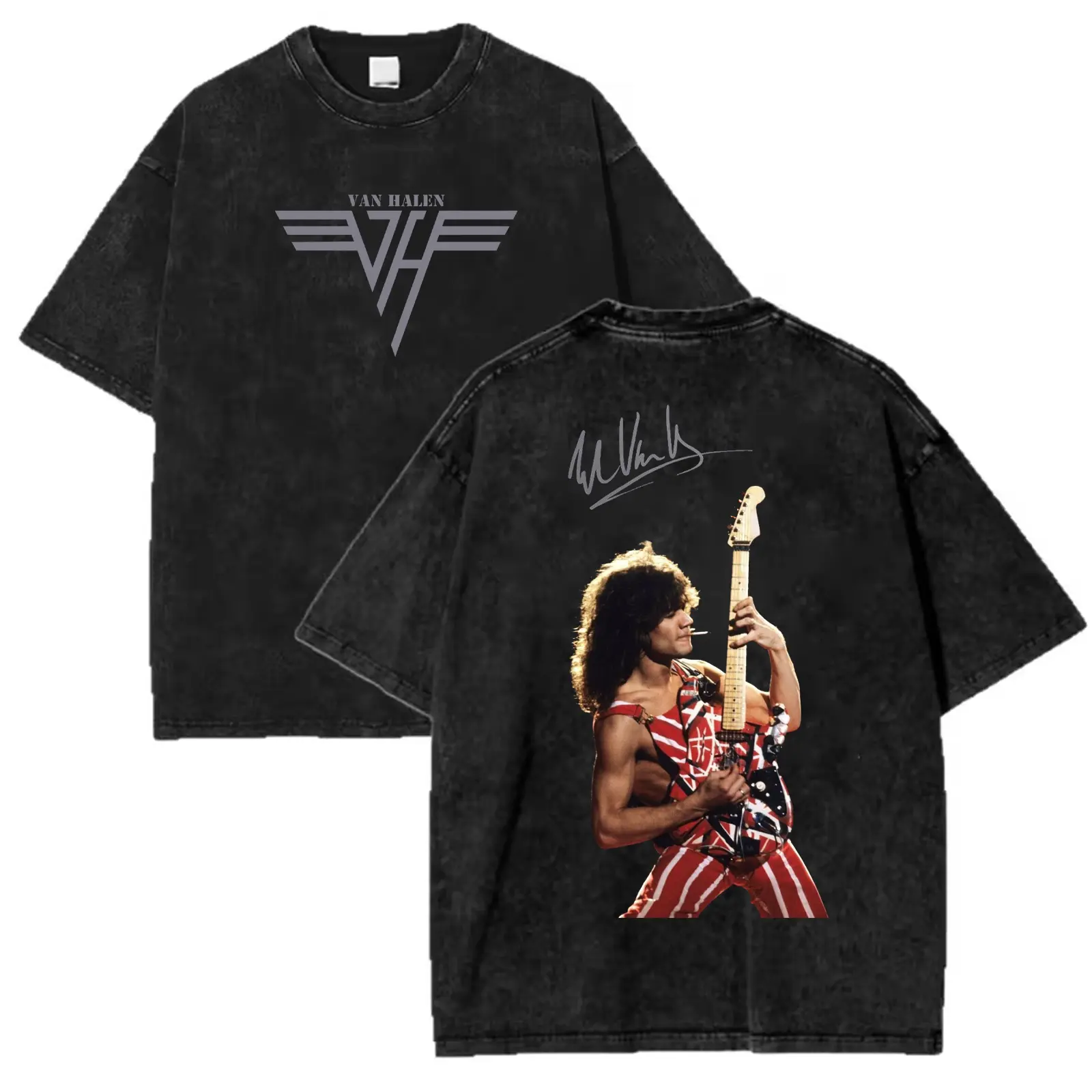 Eddie VH Signature Vintage Rock Mineral Wash Graphic T-Shirt Heavyweight Cotton 2 Sided Casual Vintage Washed Tee Trendy Tops Unique Trendy Gift