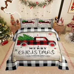 Geometric Christmas Plaid Comforter Set,Black White Truck Bedding for Kids Boys Adult Room Decor,Brown Rustic Farmhouse Quilted Duvet Happy New Year Bedspread