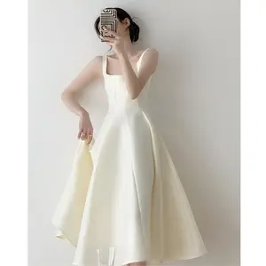 French light wedding dress pure color satin simple petite host adult ceremony party banquet evening dress can be worn at ordinary times Bridal Outfit White Minimalist Sleeveless Women Womenswear Basic