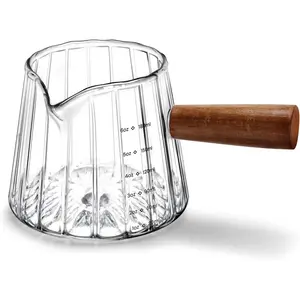 Espresso Measuring Cup 6 Oz, Glass Cups with Wood Handle, Milk Frothing Cup for Coffee, Milk, Tea or Maple Syrup Serving